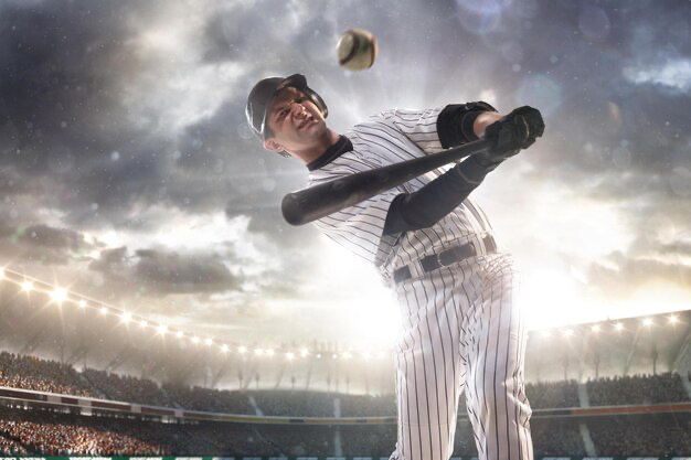 Baseball player swinging bat at ball