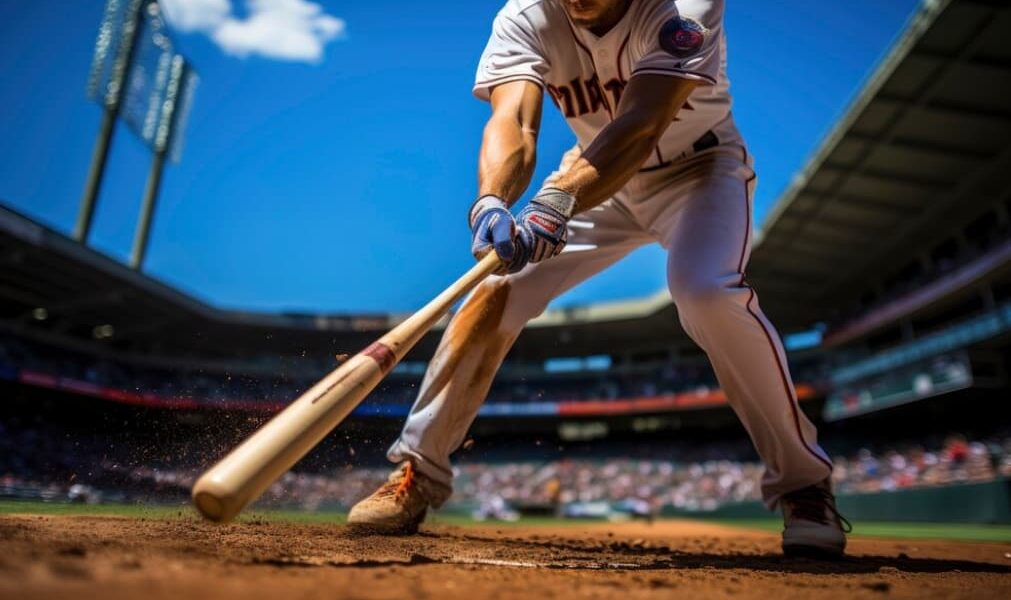 A batter in a white uniform makes contact with the ball, dirt flying, in a sunny stadium