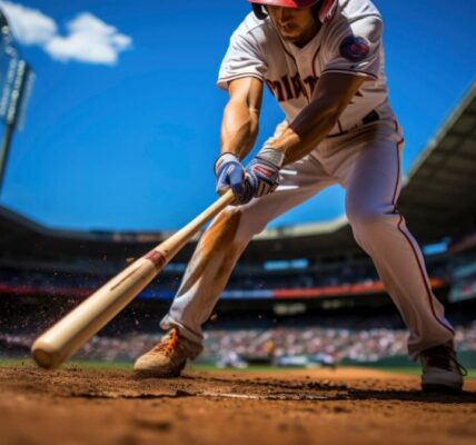 A batter in a white uniform makes contact with the ball, dirt flying, in a sunny stadium