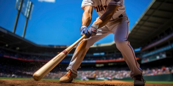 A batter in a white uniform makes contact with the ball, dirt flying, in a sunny stadium