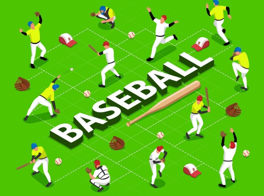 An isometric view of baseball players on a green field with equipment