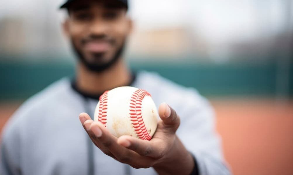 A smiling player offers a baseball, focus on the ball