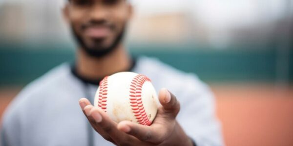 A smiling player offers a baseball, focus on the ball