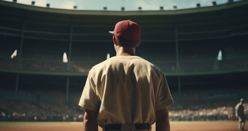 A baseball player looks onto the field from behind