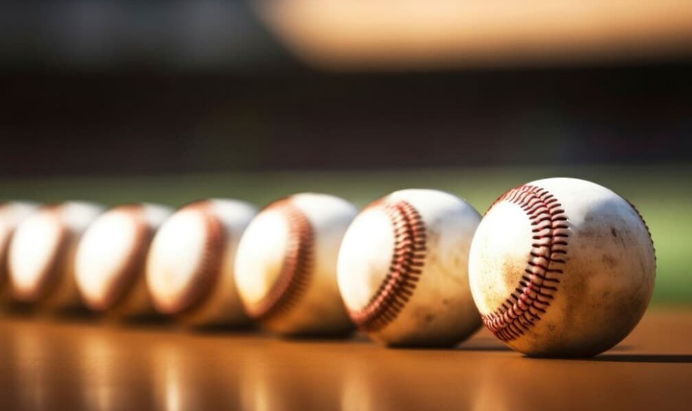 A row of used baseballs on a sunlit wooden surface