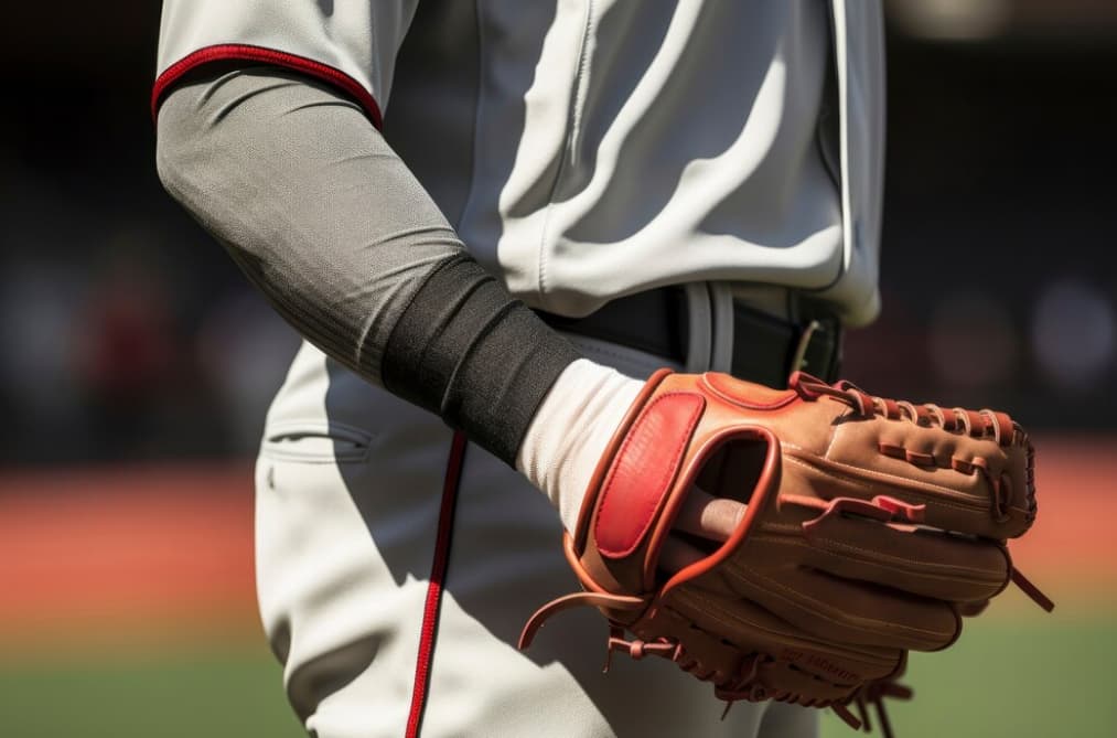 A close-up of a baseball player's arm and leather glove