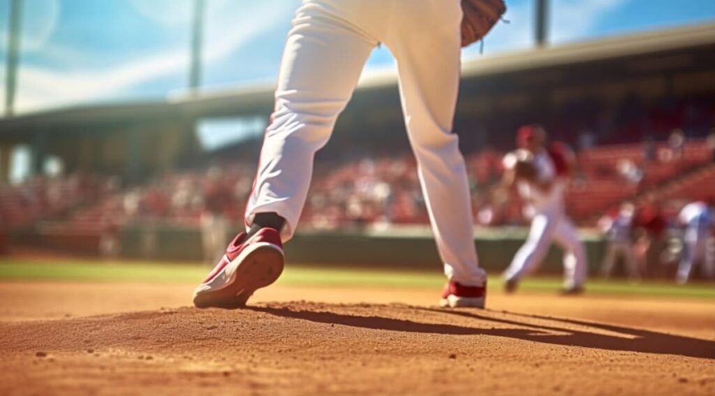 A baseball player's lower body is shown during a game, with a focus on his red cleats