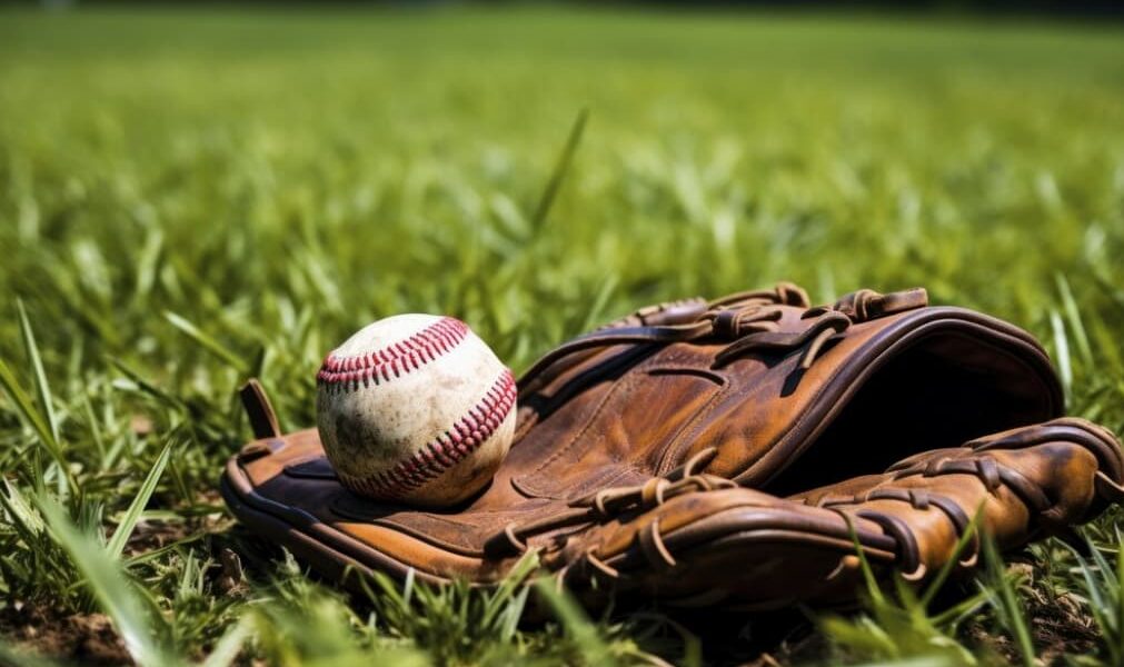 A worn baseball and glove on green grass