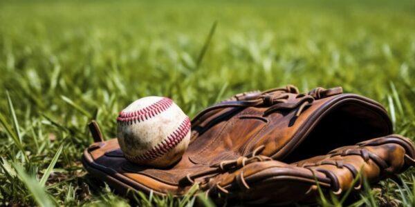 A worn baseball and glove on green grass