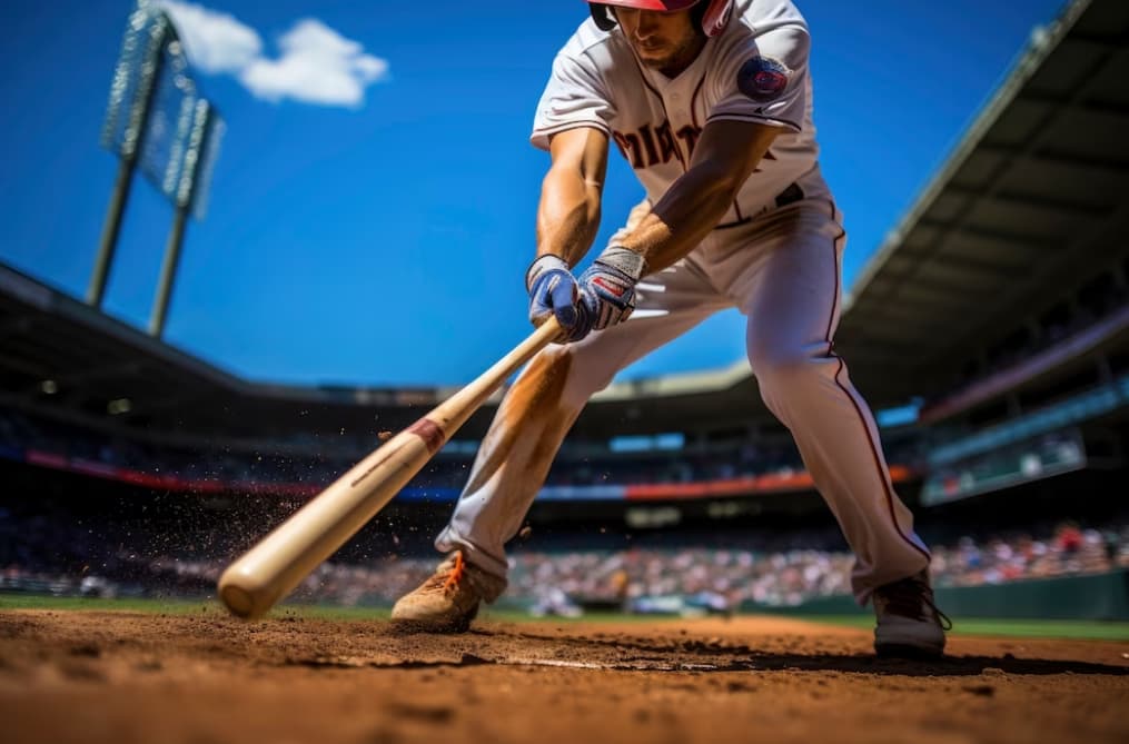 A batter swings at a pitch on a sunny day