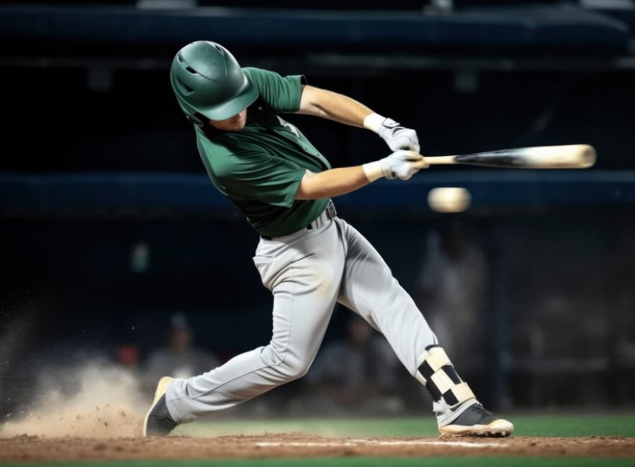 A hitter in green strikes the ball in a night game