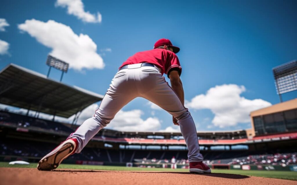 A pitcher in red mid-stance on a sunny baseball field