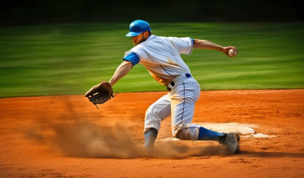 A baseman in blue stretches to catch the ball, dust flying