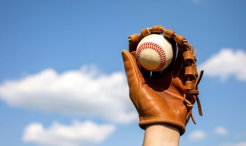 A gloved hand catching a baseball against a blue sky