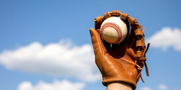 A gloved hand catching a baseball against a blue sky