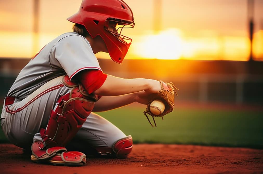 A catcher squats at sunset, glove ready for the pitch