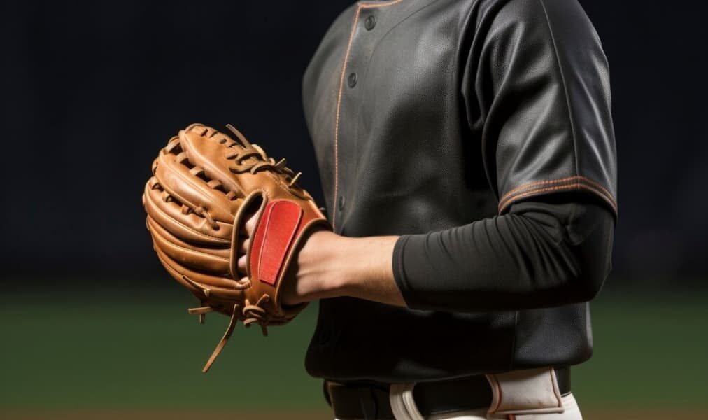 A baseball player in a dark jersey stands holding a mitt