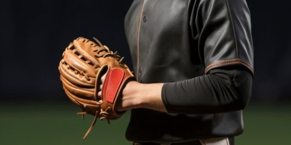 A baseball player in a dark jersey stands holding a mitt