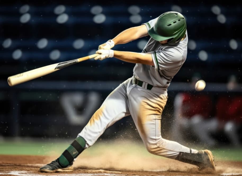 A batter in a green helmet swings at a pitch